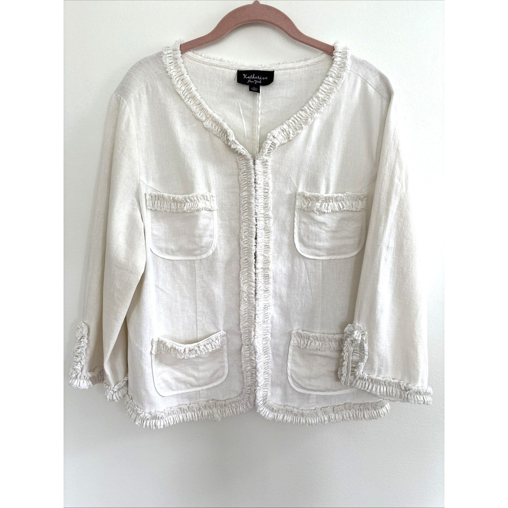 Katherine New York Cottagecore Linen Blend Blazer Frayed Cardigan Jacket | L
